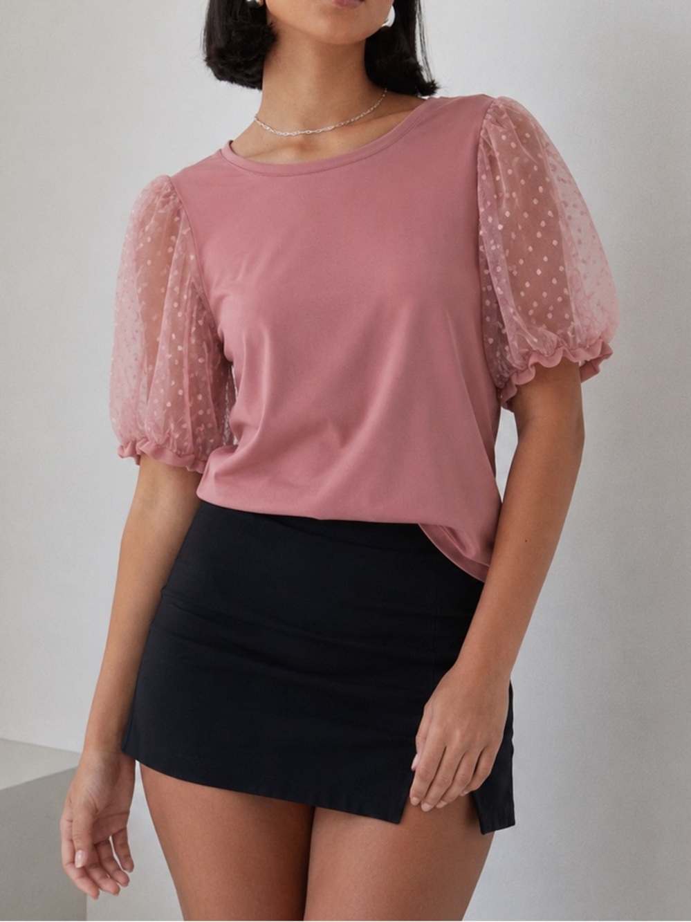 Women’s Pink Puff Sleeve Tee - Sheer Lace Sleeves